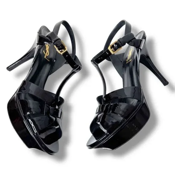 Saint Laurent Tribute Black Patent Leather Platform High Heel Sandals Size 37.5 - Picture 5 of 13